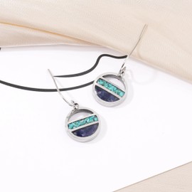 Lauren-Spencer Circle Gemstone Dangle Earrings for Women Boho Green Turquoise Blue Sodalite Natural Stone Earrings Dangling Small Healing Crystal Earrings for Women Summer Earrings
