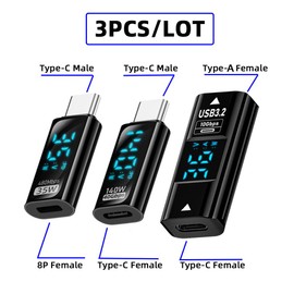 NFHK Adapter 3pcs/lot Type-C Smart LED Display USB-C Female to USB Type-A 8P Adapter Data Current Voltage Fast Charging Monitoring Display Tester Detector