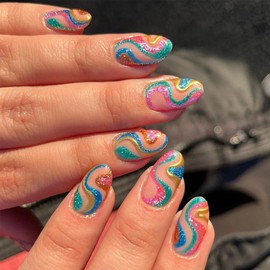 Press on Nails Short Almond Fake Nails Colorful Swirl Wave Line Glossy Glue on Nails Blue Red Gold Glitter False Nails Full Cover Acrylic Stick on Nails for Women Girls Nails Decoration 24Pcs