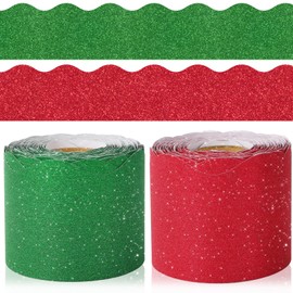 Whaline 131.2ft Glitter Red Green Bulletin Board Borders Christmas Die-Cut Border Trim for Xmas Winter Holiday Chalkboard Decoration, 2 Rolls