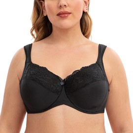 CASOLACE Women's Full Coverage Floral Lace Underwire No Padding Minimiser Bra, black