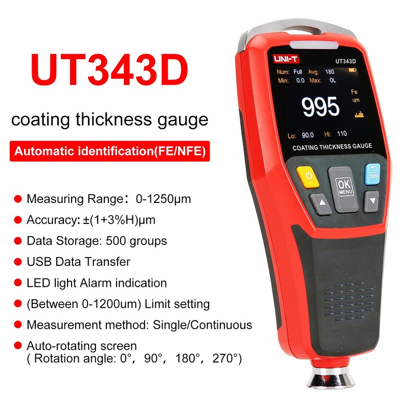 UNI-T UT343D Digital Coating Thickness Gauge Meter Tester Range 0