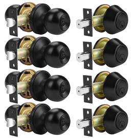 Probrico 4Pack Door Knob and Single Cylinder Deadbolt Lock Set, Black Front Door Handle and Deadbolt,Keyed Alike Reversible Door Knob and Deadbolt Set, Exterior Door Lock Set with Deadbolt