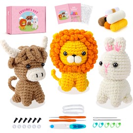 Fortuning's JDS Crochet Kit for Beginners, Amigurumi Crochet Animal Kits, Crocheting Kit for Starters Adult Kids with Step-by-Step Video Tutorials, Animal Kits with Highland Cow, Lion, Rabbit