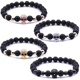 HYHONEY 4 Pcs Micro Pave Zircon Skull Charm Bracelets Black Lava Natural Stone Beads Bracelets for Men Women His and Hers Couple Bracelet Natural Stone Beads Elastic Adjustable