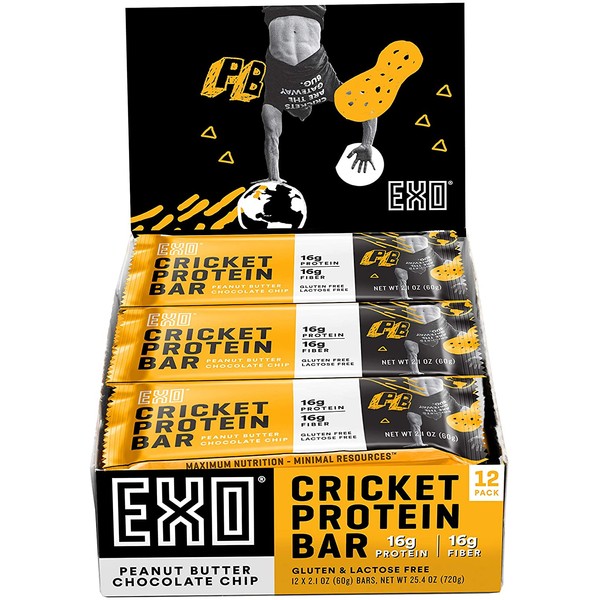 Exo Protein Bars, Peanut Butter Chocolate Chip, 12 Count, 16g Protein, Gluten Free, High Fiber, Dairy Free Energy Bar