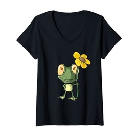 Womens Cute Frog with Sunflower V-Neck T-Shirt