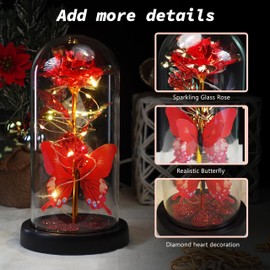 Cava Heat Lake Red Rose in Glass Dome - Romantic LED Light-Up Rose with Realistic Butterfly & Heart Diamond Stickers, Valentine Mother's Day Birthday Gifts for Wife Mom Girlfriend (Battery Powered)