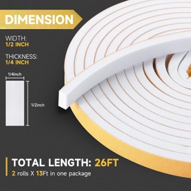 SUNLL Weather Stripping Door Seal White 1/2 in X 1/4 in Adhesive Door Seal Strip for Door Window Frame, Soundproof Foam Tape Roll Draft Proof High Density Insulation Strip 2 Rolls X 13 Ft Each, 26 Ft