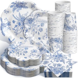 Newtay 250 Pcs Blue Floral Disposable Plates and Napkins Blue and White Floral Paper Tableware Set for 50 Guests Paper Plates Napkins Cups for Wedding Bridal Shower Party Supplies