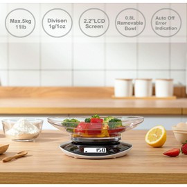 Digital Kitchen Scales Electronic Food Scales with Bowl Liquids in ml and fl. Oz. Tare Function LCD Display Easy Storage