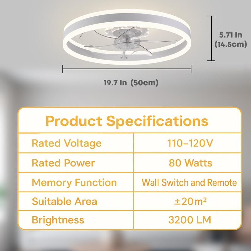 Fszdorj Ceiling Fan with Light, Upgraded 20‘’ Low Profile Fan,