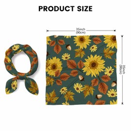 Xuwenz Bandana Autumn Sunflowers Soft Comfortable Maple Leaves Acorns Green Background Silk Scarf for Women Hair 90x90 CM