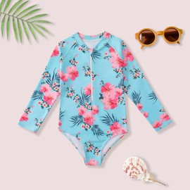 HILEELANG Toddler Girls Long Sleeve Rash Guard Swimsuit Sun Protection Light Blue Floral Half Zip One Piece Swimwear Bathing Suit 4-5 Years