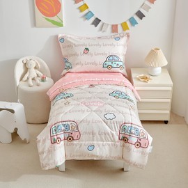 DuShow 4 Piece Girls Toddler Bedding Set Reversible Toddler Bed Comforter Set Soft Baby Crib Bed Sheets Set in a Bag | Include Quilt Comforter,Flat Sheet,Fitted Sheet,Pillowcase