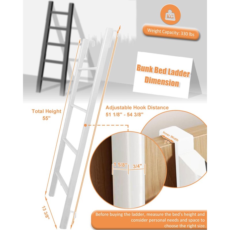 RV Bunk Bed Ladder One-Piece Steel, 50"/55"/60"/66"/72'' Bunk Bed Ladder