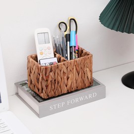 ANHYOCA Small Wicker Storage Basket Remote Control Holder Water Hyacinth Makeup Brushes Holder,Baskets for Organizing with 2 Compartments,Desktop Accessories Organizers for Home,Bathroom,Office