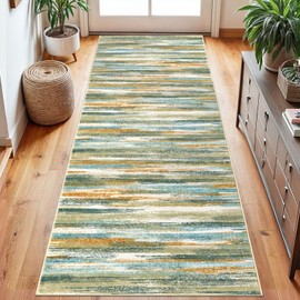 Lansny Modern Abstract Runner Rug 2.6x8, Green Orange Multi Washable Long Kitchen Runner Non-Slip Soft Hallway Rug Runner Thin Print Faux Wool Carpet for Entryway Bedroom Laundry Room Indoor