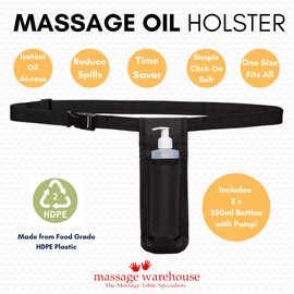 Adjustable Massage Oil Bottle Waist Holster – Durable Stitching & Heavy-Duty Belt + Fasteners. Reusable for Massage Oils & Lotions + Holds 250ml + 2 Bottles Included + 2 Sealable Pump Dispensers