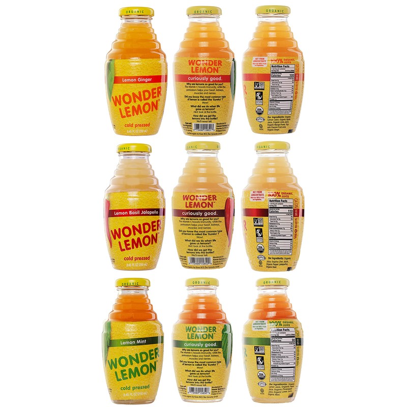 Wonder Lemon Organic Lemon Cold Pressed Juice, Variety Pack, 8.45oz,