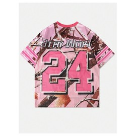 Verdusa Men's Graphic Tee Shirts V Neck Short Sleeve Drop Shoulder T Shirts Pink Small