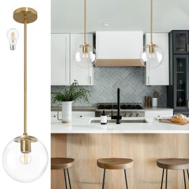 Bagood 8" Globe Pendant Light Gold Mid Century Modern Light Fixture Clear Glass Pendant Lights Kitchen Island Modern Pendant Lights Brushed Brass Finished with Clear Glass Lampshade for Bedroom