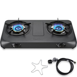 BesNerg Propane Stove 2 Burner Gas Stove Top, 27200 BTU High-Efficiency LPG Metal Cooktop With Auto Ignition, CSA Regulator and Hose, Perfect for Outdoor Kitchen, Camping, RV & Emergency Cooking