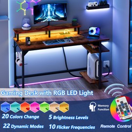 Furologee Desk with Power Outlets and LED Lights, 47" Computer Office Desk with Shelves and Fabric Drawer, Reversible Gaming Study Table with Monitor Stand and Hooks, Rustic Brown