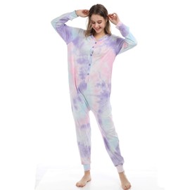 Lifeye Womens Onesie Pajamas Romper Sleepwear Set Tie Dye Long Sleeve Jumpsuit Homewear Union Suit with Drop Seat Butt Flap Pink Purple M