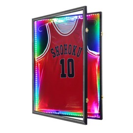 Grintus Jersey Frame Display Case,Lockable with Colorful Led Lights Display Box for Jersey Display with UV Protection Acrylic and Hanger for Baseball Basketball Football Hockey Sport Shirt,Black