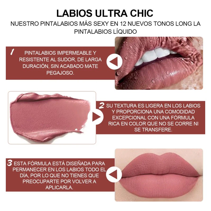 Gloss Labial Mate 6pcs Larga Duración Pigmentación Intensa