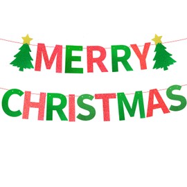 Merry Christmas Party Banner, Glitter Red and Green Letter Garland with Christmas Tree Cutouts, Fun Wall Hanging Decoration for Holiday Office Home Party Supplies, and Xmas Festival Decor