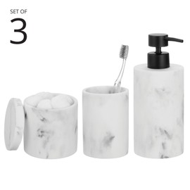 mDesign Printed Resin 3-Piece Bathroom Vanity Countertop Accessories - Soap Dispenser, Tumbler Rinsing Cup, and Canister Holder Sets - Complete Modern Counter Aesthetic - Set of 3 - Marble