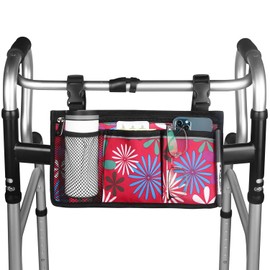 Wheelchair Side Bag, Upgrade Flower Color Wheelchair Armrest Storage Pouch with Cup Holder and Reflective Strip Use of Waterproof Fabric, for Most Wheelchairs, Walkers or Rollators (Red Fireworks)