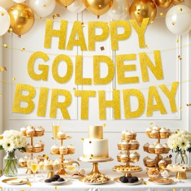 Happy Golden Birthday Party Decorations Banner, Pre-Strung Glitter Happy Golden Birthday Hanging Banner, Golden Birthday Party Bunting Banner for Women Men Girls Boys Golden Birthday Party Decor