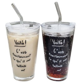 Skoxkoc 400ml Glass Coffee Cups with Lids and Straw - 2 Pack 13oz Clear Tumblers with French Text Ideal for Iced Cofee Milk Tea Beverage Juice (2)