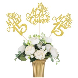 12 PCS Mis 15 Centerpiece Sticks Glitter Happy 15th Birthday Centerpieces Mis Quince 15 Fabulous Floral Decorations for Cheers to 15 Years Birthday Anniversary Party Table Centerpieces Supplies Gold