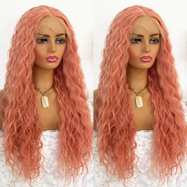 MACA BAKA Loose Curly Pink Synthetic 13x4 Lace Front Wig for Women Glueless Peach Pink Long Water Wave 13x4 Lace Front Wigs Pre Plucked with Baby Hair 24 Inches 150 Density