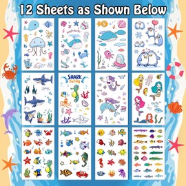 Leesgel Children's Tattoo Sea Animals, Pack of 200 Children's Tattoos, Stickers for Mermaid Birthday Decoration, Party Bags, Children's Birthday Party, Mermaid Ocean Theme Party Accessories, Toy Boys