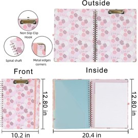 Clipboard Folio Spiral Folder Board,5 Extra Folders with 10 Storage Pockets,Refillable Lined Fillable Notepad,Folded Clipboard with Storage,Suitable for Office,School and Student (Pink Love Flower)