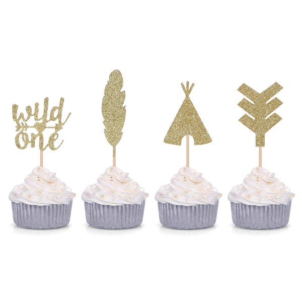Giuffi 24 CT Tribal Boho Cupcake Toppers Wild One Arrow Feather Teepee First Birthday Party Decors (Gold) - by