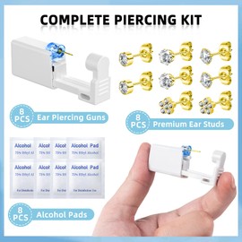 TKKUY 24 Pcs Ear Piercing Kit Disposable Ear Piercing Gun Kit 8 Pcs Self Piercing Gun 8 Pcs Cubic Zirconia Earrings Stud 4 Prong / 6 Prong Setting White Flower Earring Stud Ear Piercer Kit Tool Gold