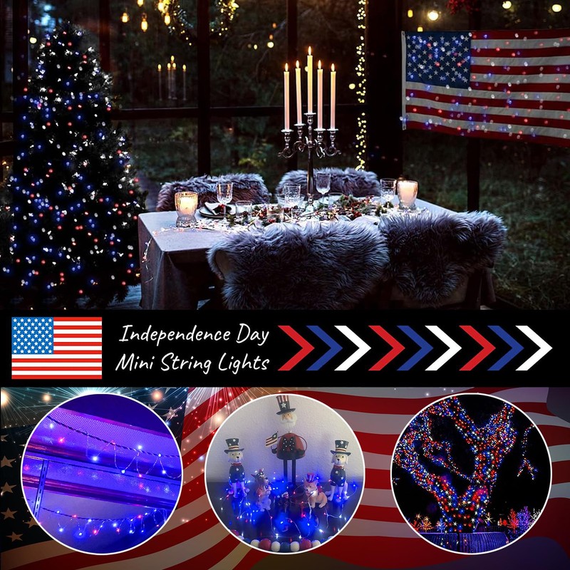 YAOZHOU Patriotic Red White and Blue Fairy String Lights Battery