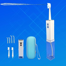 Water Flosser with Toothbrush Head (Sprayable Water) White. Portable Travel Water Flosser, Retractable Water Tank, 4 Nozzles, 2 Brush Heads, 1 Storage Bag Hard(Blue).for Adults.