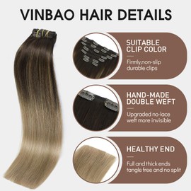 VINBAO Thicker Hair Extensions Clip in Human Hair, 18inch 160g 7Pcs, 2/6/18 Dark Brown to Chestnut Brown and Dirty Blonde Highlighted, Clip in Human Hair Extensions (#HC2618,18'')