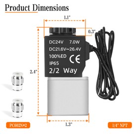 1/4'' NPT 24V Air Solenoid, 2 Position 2 Way Normally Closed Electric Pneumatic Solenoid Air Valve AirTAC 2v025-08 Outlet Wire