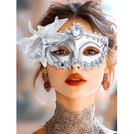Maeaccx Silver Masquerade Mask for Women Lace Venetian Masks Flower Mardi Gras(Silver)