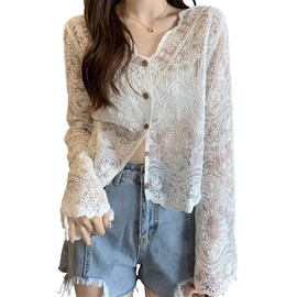 Ashy Snow Cardigan, Embroidery, Lace, Women's, UV Protection, Top, Cooling Protection, Sheer, V-Neck, Tulle, Long Sleeve, Flare, Cute, Stylish, Feminine, Skin Charming, Trend, Commuting, Everyday,