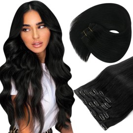 Sunny Hair Clip in Hair Extensions Human Hair Invisible Clip in Hair Extensions Real Human Hair Straight Hair Extensions for Women 12inch Jet Black