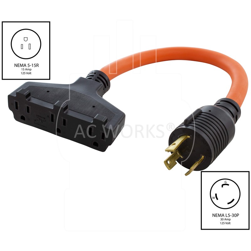 AC WORKS L5-30 30Amp 3-Prong Locking Generator Distribution Cord (1.5FT